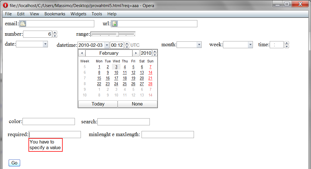 esempi form html5 con Opera